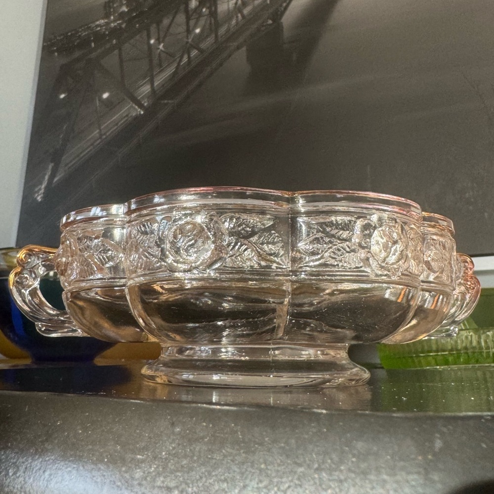 1950s Jeanette Glass Aztec Rose Two-Handled Candy Dish